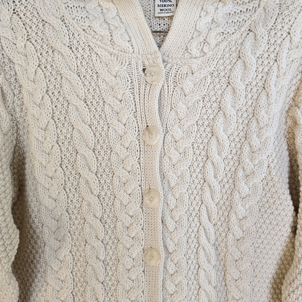 Aran Mor Ireland Cable Knit Cardigan Sweater Merino Wool Cream Womens Large - Picture 7 of 16